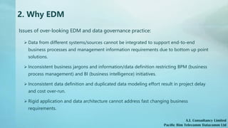 2. Why EDM
Issues of over-looking EDM and data governance practice:
➢ Data from different systems/sources cannot be integr...