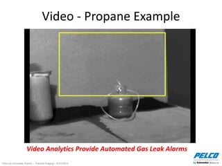 Pelco by Schneider Electric – Thermal Imaging – 5//21/2014
Video - Propane Example
Video Analytics Provide Automated Gas Leak Alarms
 