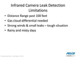Pelco by Schneider Electric – Thermal Imaging – 5//21/2014
Infrared Camera Leak Detection
Limitations
• Distance Range past 100 feet
• Gas cloud differential needed
• Strong winds & small leaks – tough situation
• Rainy and misty days
 