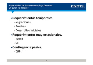 Capacidades de Procesamiento Bajo Demanda
¿A quien va dirigido?




 •Requerimientos temporales.
    – Migraciones
    – Pruebas
    – Desarrollos iníciales
 •Requerimientos muy estacionales.
    – Retail
    – SII
 •Contingencia pasiva.
    – DRP.


                                  20
 