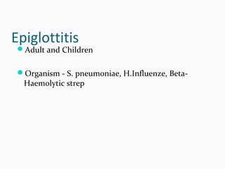 Epiglottitis

Adult and Children
Organism - S. pneumoniae, H.Influenze, Beta-

Haemolytic strep

 