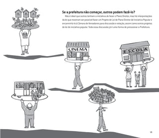 19
Seaprefeituranãocomeçar,outrospodemfazê-lo?
Não é ideal que outros tenham a iniciativa de fazer o Plano Diretor, mas há interpretações
daleiquemostramserpossívelfazerumProjetodeLeidePlanoDiretordeIniciativaPopulare
encaminhá-loàCâmaradeVereadoresparadiscussãoevotação,assimcomooutrosprojetos
de lei de iniciativa popular. Toda essa discussão já é uma forma de pressionar a Prefeitura.
 