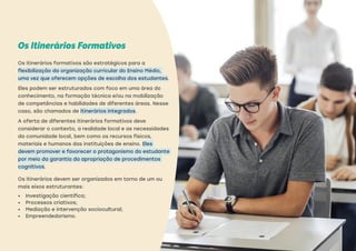 Os Itinerários Formativos​
Os itinerários formativos são estratégicos para a
flexibilização da organização curricular do Ensino Médio,
uma vez que oferecem opções de escolha dos estudantes.​
Eles podem ser estruturados com foco em uma área do
conhecimento, na formação técnica e/ou na mobilização
de competências e habilidades de diferentes áreas. Nesse
caso, são chamados de itinerários integrados.​
A oferta de diferentes itinerários formativos deve
considerar o contexto, a realidade local e as necessidades
da comunidade local, bem como os recursos físicos,
materiais e humanos das instituições de ensino. Eles
devem promover e favorecer o protagonismo do estudante
por meio da garantia da apropriação de procedimentos
cognitivos.
Os itinerários devem ser organizados em torno de um ou
mais eixos estruturantes:​
• Investigação científica;​
• Processos criativos;​
• Mediação e intervenção sociocultural;​
• Empreendedorismo.
 