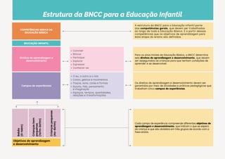 Estrutura da BNCC para a Educação Infantil
COMPETÊNCIAS GERAIS DA
EDUCAÇÃO BÁSICA
A estrutura da BNCC para a Educação Infantil parte
das competências gerais, que devem ser trabalhadas
ao longo de toda a Educação Básica. É a partir dessas
competências que os objetivos de aprendizagem para
esta etapa do ensino são definidos.
EDUCAÇÃO INFANTIL
Direitos de aprendizagem e
desenvolvimento
• Conviver
• Brincar
• Participar
• Explorar
• Expressar
• Conhecer-se
Para os anos iniciais da Educação Básica, a BNCC determina
seis direitos de aprendizagem e desenvolvimento, que devem
ser assegurados às crianças para que tenham condições de
aprender e se desenvolver.
Campos de experiências
• O eu, o outro e o nós
• Corpo, gestos e movimentos
• Traços, sons, cores e formas
• Escuta, fala, pensamento
e imaginação
• Espaços, tempos, quantidades,
relações e transformações
Os direitos de aprendizagem e desenvolvimento devem ser
garantidos por meio de atividades e práticas pedagógicas que
trabalham cinco campos de experiências.
Bebês
(0-1a6m)
Crianças
bem
pequenas
(1a7m-3a11m)
Crianças
pequenas
(4a–5a11m)
Cada campo de experiência compreende diferentes objetivos de
aprendizagem e desenvolvimento, que indicam o que se espera
da criança e que são divididos em três grupos de acordo com a
faixa etária.
Objetivos de aprendizagem
e desenvolvimento
 