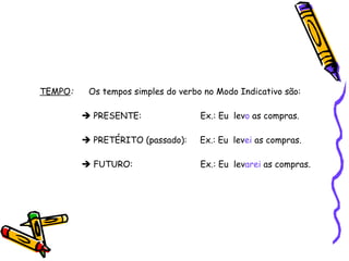 TEMPO :   Os tempos simples do verbo no Modo Indicativo são:    PRESENTE:    Ex.: Eu  lev o   as compras.    PRETÉRITO (passado):  Ex.: Eu  lev ei   as compras.    FUTURO:    Ex.: Eu  lev arei  as compras. 