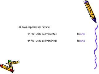 Há duas espécies de Futuro:     FUTURO do Presente :   lev arei    FUTURO do Pretérito:  lev aria 
