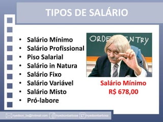 TIPOS DE SALÁRIO
•
•
•
•
•
•
•
•

Salário Mínimo
Salário Profissional
Piso Salarial
Salário in Natura
Salário Fixo
Salário Variável
Salário Misto
Pró-labore

Salário Mínimo
R$ 678,00

 