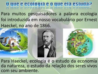 Para muitos pesquisadores a palavra ecologia
foi introduzida em nosso vocabulário por Ernest
Haeckel, no ano de 1866.
Para Haeckel, ecologia é o estudo da economia
da natureza, o estudo da relação dos seres vivos
com seu ambiente.
 