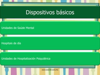 Dispositivos básicos
Unidades de Saúde Mental

Hospitais de día

Unidades de Hospitalización Psiquiátrica

ASOCIACIÓN XARUMA

 