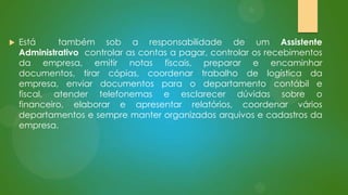 

Está
também sob a responsabilidade de um Assistente
Administrativo controlar as contas a pagar, controlar os recebimentos
da empresa, emitir notas fiscais, preparar e encaminhar
documentos, tirar cópias, coordenar trabalho de logística da
empresa, enviar documentos para o departamento contábil e
fiscal, atender telefonemas e esclarecer dúvidas sobre o
financeiro, elaborar e apresentar relatórios, coordenar vários
departamentos e sempre manter organizados arquivos e cadastros da
empresa.

 