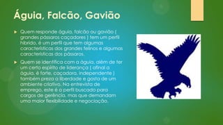 Águia, Falcão, Gavião


Quem responde águia, falcão ou gavião (
grandes pássaros caçadores ) tem um perfil
hibrido, é um perfil que tem algumas
características dos grandes felinos e algumas
características dos pássaros.



Quem se identifica com a águia, além de ter
um certo espírito de liderança ( afinal a
águia, é forte, caçadora, independente )
também preza a liberdade e gosta de um
ambiente criativo. Na entrevista de
emprego, este é o perfil buscado para
cargos de gerência, mas que demandam
uma maior flexibilidade e negociação.

 