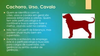 Cachorro, Urso, Cavalo


Quem se identifica com os
cães, ursos e cavalos em geral são
pessoas esforçadas e sóbrias. Quem
tem este perfil psicológico é
confiável e busca sempre fazer o
melhor, visando subir na carreira.



Não tem um perfil de liderança, mas
podem atuar muito bem em
supervisão.



Durante a entrevista de emprego
este é o perfil psicológico buscado
para cargos de supervisão, subgerência ou então auxiliar de
gerência.

 