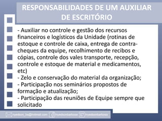 RESPONSABILIDADES DE UM AUXILIAR
DE ESCRITÓRIO
- Auxiliar no controle e gestão dos recursos
financeiros e logísticos da Unidade (rotinas de
estoque e controle de caixa, entrega de contracheques da equipe, recolhimento de recibos e
cópias, controle dos vales transporte, recepção,
controle e estoque de material e medicamentos,
etc)
- Zelo e conservação do material da organização;
- Participação nos seminários propostos de
formação e atualização;
- Participação das reuniões de Equipe sempre que
solicitado

 