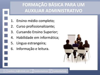 FORMAÇÃO BÁSICA PARA UM
AUXILIAR ADMINISTRATIVO
1.
2.
3.
4.
5.
6.

Ensino médio completo;
Curso profissionalizante;
Cursando Ensino Superior;
Habilidade em informática;
Língua estrangeira;
Informação e leitura.

 