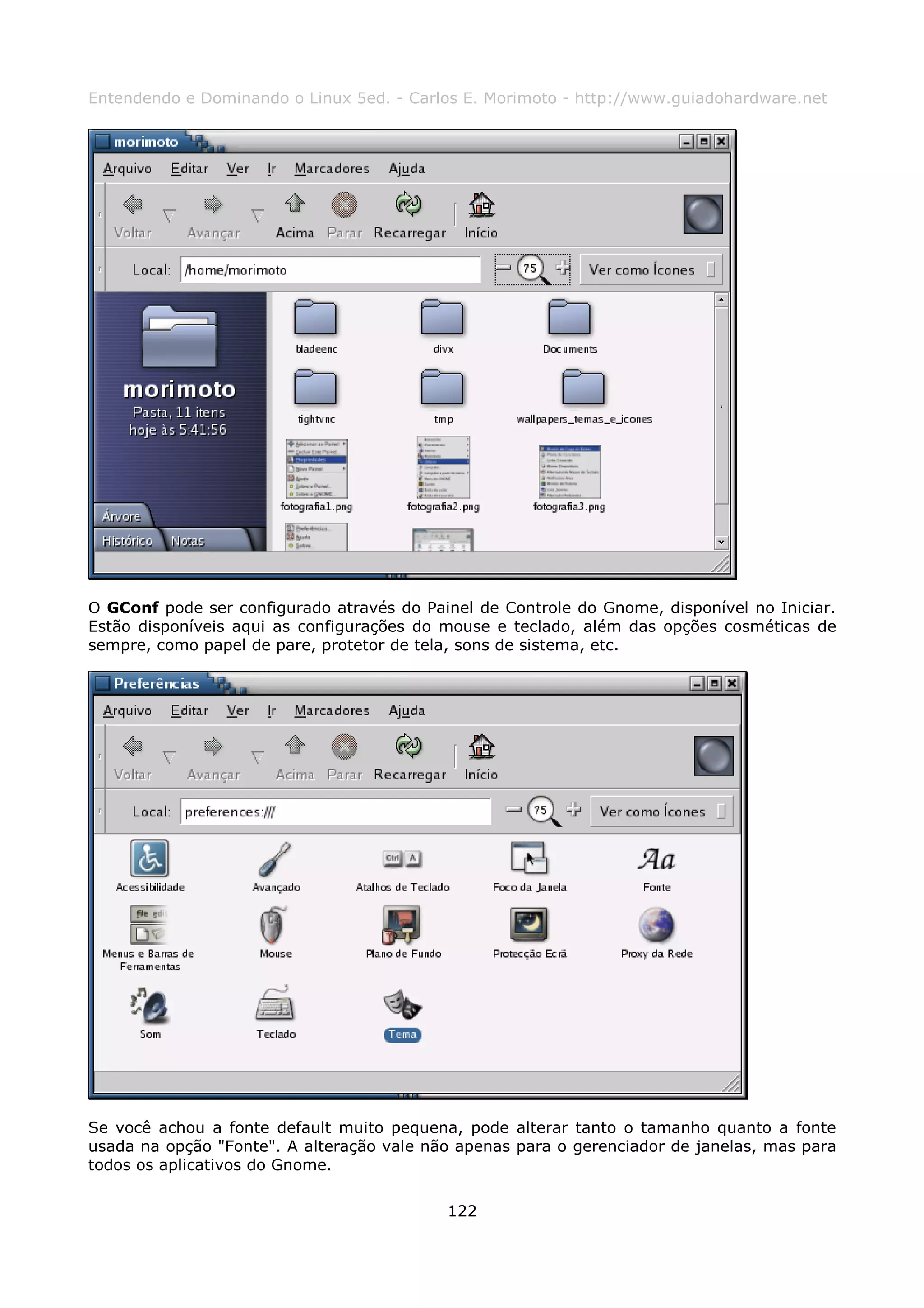 Entendendo e Dominando o Linux 5ed. - Carlos E. Morimoto - http://www.guiadohardware.net




O GConf pode ser configurado através do Painel de Controle do Gnome, disponível no Iniciar.
Estão disponíveis aqui as configurações do mouse e teclado, além das opções cosméticas de
sempre, como papel de pare, protetor de tela, sons de sistema, etc.




Se você achou a fonte default muito pequena, pode alterar tanto o tamanho quanto a fonte
usada na opção "Fonte". A alteração vale não apenas para o gerenciador de janelas, mas para
todos os aplicativos do Gnome.

                                           122
 