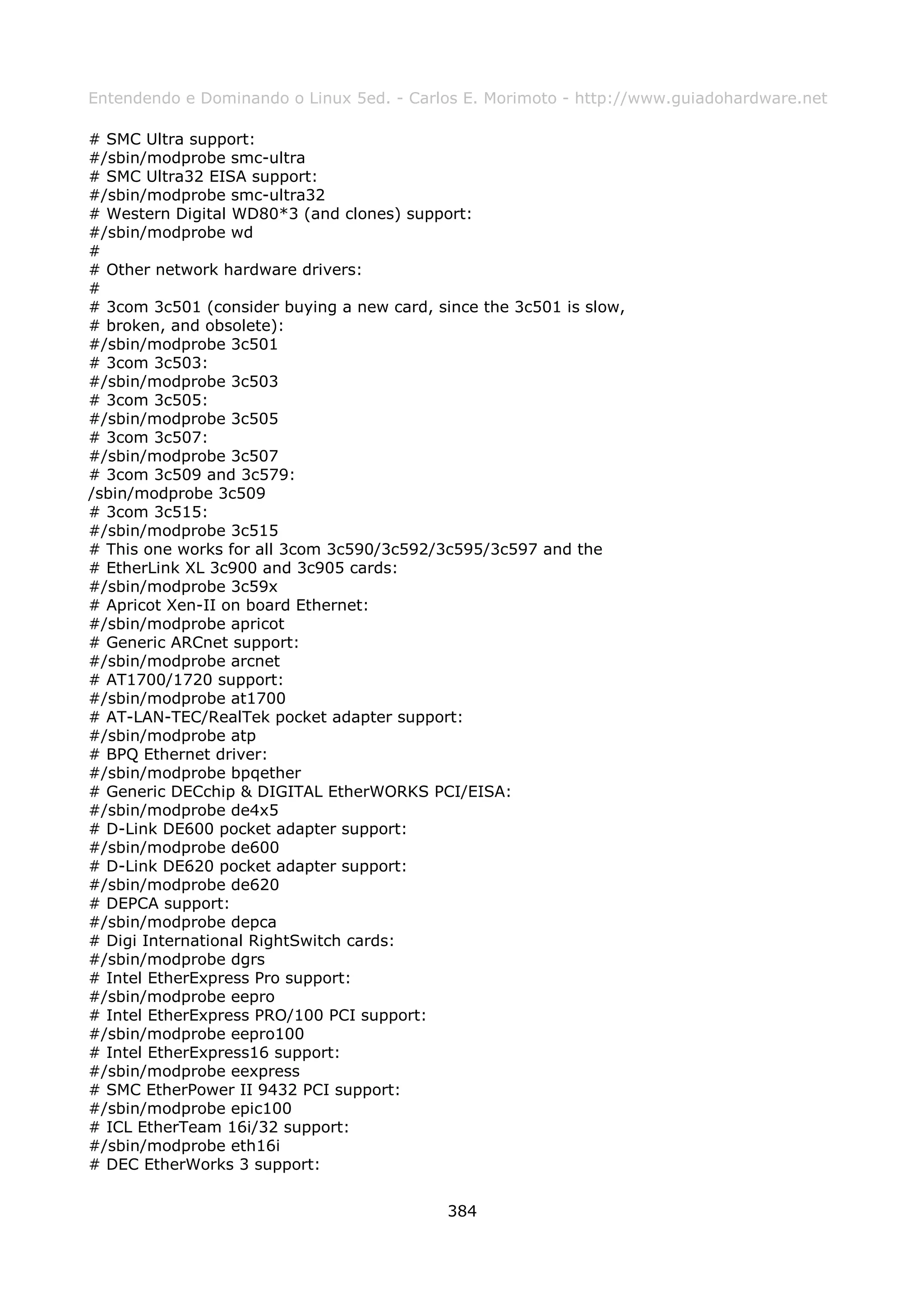 Entendendo e Dominando o Linux 5ed. - Carlos E. Morimoto - http://www.guiadohardware.net

# SMC Ultra support:
#/sbin/modprobe smc-ultra
# SMC Ultra32 EISA support:
#/sbin/modprobe smc-ultra32
# Western Digital WD80*3 (and clones) support:
#/sbin/modprobe wd
#
# Other network hardware drivers:
#
# 3com 3c501 (consider buying a new card, since the 3c501 is slow,
# broken, and obsolete):
#/sbin/modprobe 3c501
# 3com 3c503:
#/sbin/modprobe 3c503
# 3com 3c505:
#/sbin/modprobe 3c505
# 3com 3c507:
#/sbin/modprobe 3c507
# 3com 3c509 and 3c579:
/sbin/modprobe 3c509
# 3com 3c515:
#/sbin/modprobe 3c515
# This one works for all 3com 3c590/3c592/3c595/3c597 and the
# EtherLink XL 3c900 and 3c905 cards:
#/sbin/modprobe 3c59x
# Apricot Xen-II on board Ethernet:
#/sbin/modprobe apricot
# Generic ARCnet support:
#/sbin/modprobe arcnet
# AT1700/1720 support:
#/sbin/modprobe at1700
# AT-LAN-TEC/RealTek pocket adapter support:
#/sbin/modprobe atp
# BPQ Ethernet driver:
#/sbin/modprobe bpqether
# Generic DECchip & DIGITAL EtherWORKS PCI/EISA:
#/sbin/modprobe de4x5
# D-Link DE600 pocket adapter support:
#/sbin/modprobe de600
# D-Link DE620 pocket adapter support:
#/sbin/modprobe de620
# DEPCA support:
#/sbin/modprobe depca
# Digi International RightSwitch cards:
#/sbin/modprobe dgrs
# Intel EtherExpress Pro support:
#/sbin/modprobe eepro
# Intel EtherExpress PRO/100 PCI support:
#/sbin/modprobe eepro100
# Intel EtherExpress16 support:
#/sbin/modprobe eexpress
# SMC EtherPower II 9432 PCI support:
#/sbin/modprobe epic100
# ICL EtherTeam 16i/32 support:
#/sbin/modprobe eth16i
# DEC EtherWorks 3 support:


                                            384
 