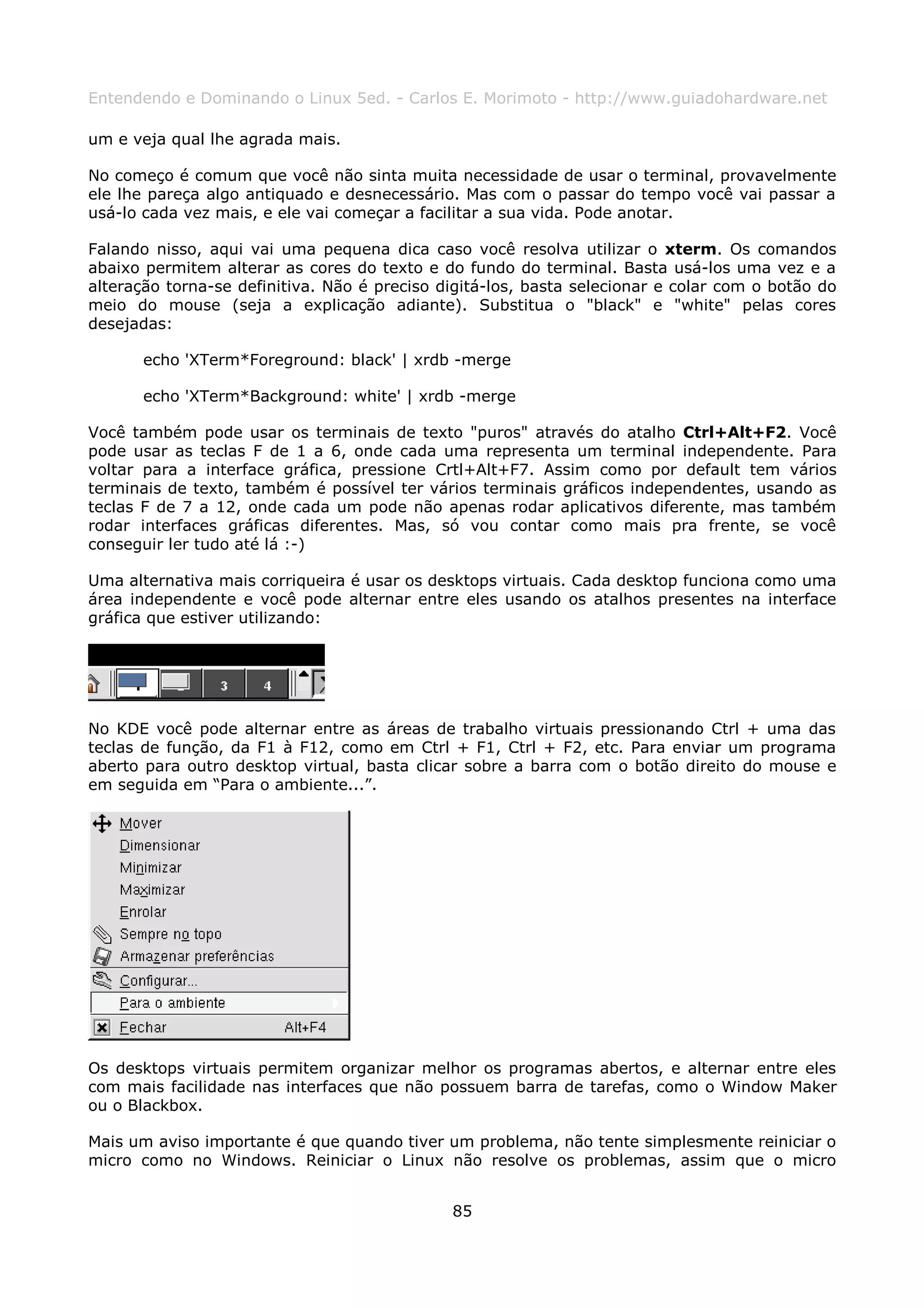 Entendendo e Dominando o Linux 5ed. - Carlos E. Morimoto - http://www.guiadohardware.net

um e veja qual lhe agrada mais.

No começo é comum que você não sinta muita necessidade de usar o terminal, provavelmente
ele lhe pareça algo antiquado e desnecessário. Mas com o passar do tempo você vai passar a
usá-lo cada vez mais, e ele vai começar a facilitar a sua vida. Pode anotar.

Falando nisso, aqui vai uma pequena dica caso você resolva utilizar o xterm. Os comandos
abaixo permitem alterar as cores do texto e do fundo do terminal. Basta usá-los uma vez e a
alteração torna-se definitiva. Não é preciso digitá-los, basta selecionar e colar com o botão do
meio do mouse (seja a explicação adiante). Substitua o "black" e "white" pelas cores
desejadas:

       echo 'XTerm*Foreground: black' | xrdb -merge

       echo 'XTerm*Background: white' | xrdb -merge

Você também pode usar os terminais de texto "puros" através do atalho Ctrl+Alt+F2. Você
pode usar as teclas F de 1 a 6, onde cada uma representa um terminal independente. Para
voltar para a interface gráfica, pressione Crtl+Alt+F7. Assim como por default tem vários
terminais de texto, também é possível ter vários terminais gráficos independentes, usando as
teclas F de 7 a 12, onde cada um pode não apenas rodar aplicativos diferente, mas também
rodar interfaces gráficas diferentes. Mas, só vou contar como mais pra frente, se você
conseguir ler tudo até lá :-)

Uma alternativa mais corriqueira é usar os desktops virtuais. Cada desktop funciona como uma
área independente e você pode alternar entre eles usando os atalhos presentes na interface
gráfica que estiver utilizando:




No KDE você pode alternar entre as áreas de trabalho virtuais pressionando Ctrl + uma das
teclas de função, da F1 à F12, como em Ctrl + F1, Ctrl + F2, etc. Para enviar um programa
aberto para outro desktop virtual, basta clicar sobre a barra com o botão direito do mouse e
em seguida em “Para o ambiente...”.




Os desktops virtuais permitem organizar melhor os programas abertos, e alternar entre eles
com mais facilidade nas interfaces que não possuem barra de tarefas, como o Window Maker
ou o Blackbox.

Mais um aviso importante é que quando tiver um problema, não tente simplesmente reiniciar o
micro como no Windows. Reiniciar o Linux não resolve os problemas, assim que o micro


                                              85
 
