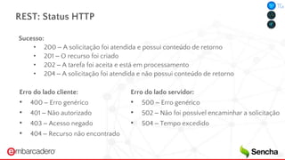 REST: Status HTTP
Sucesso:
• 200 – A solicitação foi atendida e possui conteúdo de retorno
• 201 – O recurso foi criado
• 202 – A tarefa foi aceita e está em processamento
• 204 – A solicitação foi atendida e não possui conteúdo de retorno
Erro do lado cliente:
• 400 – Erro genérico
• 401 – Não autorizado
• 403 – Acesso negado
• 404 – Recurso não encontrado
Erro do lado servidor:
• 500 – Erro genérico
• 502 – Não foi possível encaminhar a solicitação
• 504 – Tempo excedido
 