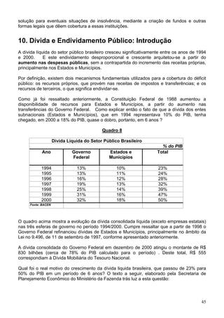 solução para eventuais situações de insolvência, mediante a criação de fundos e outras
formas legais que dêem cobertura a essas instituições.
10. Dívida e Endividamento Público: Introdução
A dívida líquida do setor público brasileiro cresceu significativamente entre os anos de 1994
e 2000. E este endividamento desproporcional e crescente arquitetou-se a partir do
aumento nas despesas públicas, sem a contrapartida do incremento das receitas próprias,
principalmente nos Estados e Municípios.
Por definição, existem dois mecanismos fundamentais utilizados para a cobertura do déficit
público: os recursos próprios, que provém nas receitas de impostos e transferências; e os
recursos de terceiros, o que significa endividar-se.
Como já foi ressaltado anteriormente, a Constituição Federal de 1988 aumentou a
disponibilidade de recursos para Estados e Municípios, a partir do aumento nas
transferências do Governo Federal. Como explicar então o fato de que a dívida dos entes
subnacionais (Estados e Municípios), que em 1994 representava 10% do PIB, tenha
chegado, em 2000 a 18% do PIB, quase o dobro, portanto, em 6 anos ?
Quadro 8
Dívida Líquida do Setor Público Brasileiro
% do PIB
Ano Governo
Federal
Estados e
Municípios
Total
1994 13% 10% 23%
1995 13% 11% 24%
1996 16% 12% 28%
1997 19% 13% 32%
1998 25% 14% 39%
1999 31% 16% 47%
2000 32% 18% 50%
Fonte: BACEN
O quadro acima mostra a evolução da dívida consolidada líquida (exceto empresas estatais)
nas três esferas de governo no período 1994/2000. Cumpre ressaltar que a partir de 1998 o
Governo Federal refinanciou dívidas de Estados e Municípios, principalmente no âmbito da
Lei no 9.496, de 11 de setembro de 1997, conforme apresentado anteriormente.
A dívida consolidada do Governo Federal em dezembro de 2000 atingiu o montante de R$
830 bilhões (cerca de 78% do PIB calculado para o período) . Deste total, R$ 555
correspondiam à Dívida Mobiliária do Tesouro Nacional.
Qual foi o real motivo do crescimento da dívida liquida brasileira, que passou de 23% para
50% do PIB em um período de 6 anos? O texto a seguir, elaborado pela Secretaria de
Planejamento Econômico do Ministério da Fazenda trás luz a esta questão:
45
 