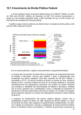 10.1 Crescimento da Dívida Pública Federal
A dívida mobiliária interna do governo federal elevou-se de R$ 60,7 bilhões, em julho
de 1994, para R$ 624,1 bilhões, em dezembro de 2001. Os números impressionam, e
podem em uma análise precipitada deixar a falsa impressão de que a dívida cresceu em
decorrência de má gestão das finanças públicas.
O gráfico a seguir mostra os fatores que determinaram a evolução da dívida pública, entre
julho de 1994 e dezembro de 2001.
Dinâmica da Dívida Interna: fatores de variação
Fonte: Tesouro Nacional e Banco Central
Valores atualizados pelo respectivo fator de remuneração
Privatização e Superávit Primário: valores atualizados pela TMS
/1 Recursos fiscais para abatimento da dívida pública (fontes 100 e 129)
-200
-100
0
100
200
300
400
500
600
700
800
900
jul/94 Dez/01
R$bilhões
Programas de Governo
R$ 45,2 bilhões
Desvalorização
Cambial
R$ 72,8 bilhões
Fortalecimento
Bancos Federais
R$ 65,4 bilhões
Passivos Contingentes
R$ 62,8 bilhões
Juros Nominais
R$ 109,4 bilhões
R$ 624,1 bilhões
R$ 60,7 bilhões
Superávit Primário /1
R$ 76,1 bilhões
Privatizações
R$ 58,9 bilhões
Gerenciamento da
Dívida (colchão)
R$ 44,9 bilhões
Estados e
Municípios
R$ 297,7 bilhões
Em um exame preliminar, o gráfico nos permite fazer as seguintes afirmações:
- o principal fator de aumento da dívida foram os programas de saneamento financeiro
de Estados e Municípios. Inclui-se aqui também o apoio à reestruturação e/ou
privatização dos bancos estaduais. Esse fator responde por R$ 297,7 bilhões, o
equivalente a 47,7% do total do aumento da dívida, no período em foco. Durante a
década de 80 e a primeira metade dos anos 90, as finanças estaduais e municipais
caracterizaram-se por desequilíbrios crescentes. Daí resultou um quadro financeiro
que ameaçava a viabilidade das administrações de Estados e Municípios, realidade
que se tornou aparente com a estabilização e levou à realização de programas de
saneamento financeiro patrocinados pelo governo federal. Ao contrário do passado,
esses programas atacaram as causas dos desequilíbrios financeiros dessas esferas
de governo;
46
- o programa de fortalecimento dos bancos públicos federais, iniciado com a
capitalização do Banco do Brasil, em 1996, responde por R$ 65,4 bilhões, ou 10,5%
do aumento da dívida. Esse programa foi posteriormente complementado, em 2001,
com medidas de saneamento, incluindo a capitalização da Caixa Econômica Federal,
Banco do Nordeste e Banco da Amazônia, e melhoria da governança corporativa do
 