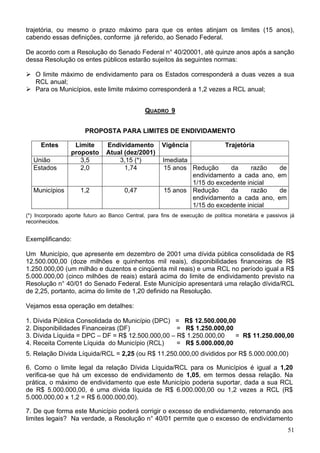 trajetória, ou mesmo o prazo máximo para que os entes atinjam os limites (15 anos),
cabendo essas definições, conforme já referido, ao Senado Federal.
De acordo com a Resolução do Senado Federal n° 40/20001, até quinze anos após a sanção
dessa Resolução os entes públicos estarão sujeitos às seguintes normas:
O limite máximo de endividamento para os Estados corresponderá a duas vezes a sua
RCL anual;
Para os Municípios, este limite máximo corresponderá a 1,2 vezes a RCL anual;
QUADRO 9
PROPOSTA PARA LIMITES DE ENDIVIDAMENTO
Entes Limite
proposto
Endividamento
Atual (dez/2001)
Vigência Trajetória
União 3,5 3,15 (*) Imediata
Estados 2,0 1,74 15 anos Redução da razão de
endividamento a cada ano, em
1/15 do excedente inicial
Municípios 1,2 0,47 15 anos Redução da razão de
endividamento a cada ano, em
1/15 do excedente inicial
(*) Incorporado aporte futuro ao Banco Central, para fins de execução de política monetária e passivos já
reconhecidos.
Exemplificando:
Um Município, que apresente em dezembro de 2001 uma dívida pública consolidada de R$
12.500.000,00 (doze milhões e quinhentos mil reais), disponibilidades financeiras de R$
1.250.000,00 (um milhão e duzentos e cinqüenta mil reais) e uma RCL no período igual a R$
5.000.000,00 (cinco milhões de reais) estará acima do limite de endividamento previsto na
Resolução n° 40/01 do Senado Federal. Este Município apresentará uma relação dívida/RCL
de 2,25, portanto, acima do limite de 1,20 definido na Resolução.
Vejamos essa operação em detalhes:
1. Dívida Pública Consolidada do Município (DPC) = R$ 12.500.000,00
2. Disponibilidades Financeiras (DF) = R$ 1.250.000,00
3. Dívida Líquida = DPC – DF = R$ 12.500.000,00 – R$ 1.250.000,00 = R$ 11.250.000,00
4. Receita Corrente Líquida do Município (RCL) = R$ 5.000.000,00
5. Relação Dívida Líquida/RCL = 2,25 (ou R$ 11.250.000,00 divididos por R$ 5.000.000,00)
6. Como o limite legal da relação Dívida Líquida/RCL para os Municípios é igual a 1,20
verifica-se que há um excesso de endividamento de 1,05, em termos dessa relação. Na
prática, o máximo de endividamento que este Município poderia suportar, dada a sua RCL
de R$ 5.000.000,00, é uma dívida líquida de R$ 6.000.000,00 ou 1,2 vezes a RCL (R$
5.000.000,00 x 1,2 = R$ 6.000.000,00).
7. De que forma este Município poderá corrigir o excesso de endividamento, retornando aos
limites legais? Na verdade, a Resolução n° 40/01 permite que o excesso de endividamento
51
 