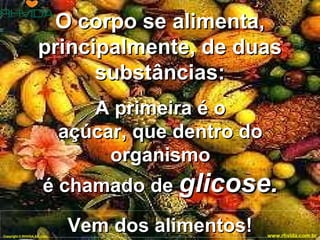A primeira é o açúcar, que dentro do organismo é chamado de  glicose. O corpo se alimenta, principalmente, de duas substâncias: Vem dos alimentos! Copyright  © RHVIDA S/C Ltda. www.rhvida.com.br 