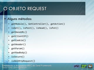 O OBJETO REQUEST
●   Alguns métodos:
    ●   getModule(), GetController(), getAction()
    ●   isGet(), isPost(), isHead(), isPut()
    ●   getBaseURL()
    ●   getClientIP()
    ●   getCookie()
    ●   getHeader()
    ●   getParam()
    ●   getRawBody()
    ●   isSecure()
    ●
        isXmlHttpRequest()
 