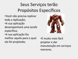 Seus Serviços terão
Propósitos Específicos
•Você não precisa replicar
toda a Aplicação;
•A sua aplicação
desempenhará uma tarefa
específica;
•A sua aplicação faz
melhor aquilo para o qual
ela foi projetada;
•É muito mais fácil
projetar e dar
manutenção em serviços
menores.
 