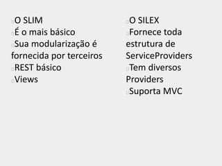 O SLIM
É o mais básico
Sua modularização é
fornecida por terceiros
REST básico
Views
O SILEX
Fornece toda
estrutura de
ServiceProviders
Tem diversos
Providers
Suporta MVC
 