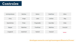 Controles
……
developer.xamarin.com/api/namespace/Xamarin.Forms/
 