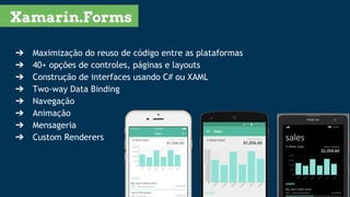 ➔ Maximização do reuso de código entre as plataformas
➔ 40+ opções de controles, páginas e layouts
➔ Construção de interfaces usando C# ou XAML
➔ Two-way Data Binding
➔ Navegação
➔ Animação
➔ Mensageria
➔ Custom Renderers
Xamarin.Forms
 