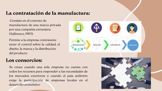 La contratación de la manufactura:
Consiste en el contrato de
manufactura de una marca privada
por una compañía extranjera
(Sallenave, 1985)
Permite a la empresa contratante
tener el control sobre la calidad, el
diseño, la marca y la distribución
del producto
Los consorcios:
Se crean cuando una sola empresa no cuenta con
todos los recursos para responder a las necesidades de
los mercados exteriores o cuando el país anfitrión
exige la participación de empresas locales en el
desarrollo económico
 