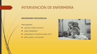 INTERVENCIÓN DE ENFERMERÍA
NECESIDADES PSICOLÓGICAS
Interrogantes:
 ¿Sacaron todo el tumor?
 ¿Hay metástasis?
 ¿Amputaron mi pierna, brazo, etc.?
 ¿Me curaré o me moriré?
 