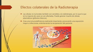 Efectos colaterales de la Radioterapia
 Las células no tumorales también son sensibles a la radioterapia, por lo que lo que
en la mayoría de casos se ven afectadas. Puede generar muerte de células
plasmáticas (glóbulos blancos).
 Crea una inmunodeficiencia realmente importante, provocando una exposición
mayor a infecciones, enlenteciendo la recuperación del paciente.
 