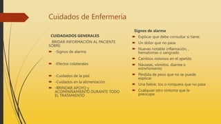 Cuidados de Enfermería
CUIDADADOS GENERALES
BRIDAR INFORMACIÓN AL PACIENTE
SOBRE:
 -Signos de alarma
 -Efectos colaterales
 -Cuidados de la piel
 -Cuidados en la alimentación
 -BRINDAR APOYO y
ACOMPAÑAMIENTO DURANTE TODO
EL TRATAMIENTO
Signos de alarma
 Explicar que debe consultar si tiene:
 Un dolor que no pasa
 Nuevas notable inflamación, ,
hematomas o sangrado
 Cambios notorios en el apetito
 Náuseas, vómitos, diarrea o
estreñimiento
 Pérdida de peso que no se puede
explicar
 Una fiebre, tos o ronquera que no pasa
 Cualquier otro síntoma que le
preocupe
 
