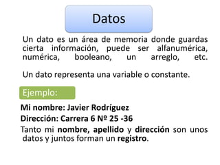     Un dato es un área de memoria donde guardas cierta información, puede ser alfanumérica, numérica, booleano, un arreglo, etc.Un dato representa una variable o constante.Mi nombre: Javier RodríguezDirección: Carrera 6 Nº 25 -36   Tanto mi nombre, apellido y dirección son unos datos y juntos forman un registro.