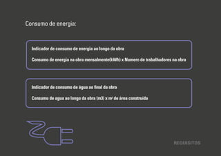 REQUISITOS
Consumo de energia:
Indicador de consumo de energia ao longo da obra
Consumo de energia na obra mensalmente(kWh) x Numero de trabalhadores na obra
Indicador de consumo de água ao ﬁnal da obra
Consumo de agua ao longo da obra (m3) x m² de área construída
 