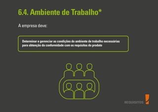 REQUISITOS
6.4. Ambiente de Trabalho*
A empresa deve:
Determinar e gerenciar as condições do ambiente de trabalho necessárias
para obtenção da conformidade com os requisitos do produto
 