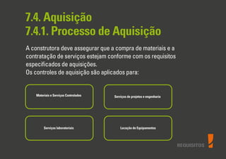 REQUISITOS
7.4. Aquisição
7.4.1. Processo de Aquisição
A construtora deve assegurar que a compra de materiais e a
contratação de serviços estejam conforme com os requisitos
especiﬁcados de aquisições.
Os controles de aquisição são aplicados para:
Materiais e Serviços Controlados
Serviços laboratoriais Locação de Equipamentos
Serviços de projetos e engenharia
 