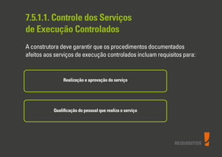 REQUISITOS
7.5.1.1. Controle dos Serviços
de Execução Controlados
A construtora deve garantir que os procedimentos documentados
afeitos aos serviços de execução controlados incluam requisitos para:
Realização e aprovação do serviço
Qualiﬁcação do pessoal que realiza o serviço
 