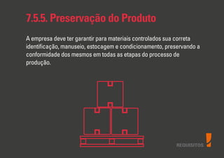 REQUISITOS
7.5.5. Preservação do Produto
A empresa deve ter garantir para materiais controlados sua correta
identiﬁcação, manuseio, estocagem e condicionamento, preservando a
conformidade dos mesmos em todas as etapas do processo de
produção.
 