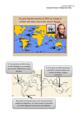 Escola EL CORB 12
                                                        Entendre l’Univers i l’Origen de la Vida




El 7 de setembre de 1835 arriba a
les Illes Galápagos, una arxipèlag
                                                       El 12 de gener de 1836 desembarca
que es troba a 800 Km de la costa
                                                        a Austràlia. Continent poblat amb
              peruana.
                                                           animals increïbles, cangurs,
                                                                    ornitorincs.




            Rep aquest nom perquè quan va ser vista per primera
           vegada per Magallanes, les costes estaven il·luminades
              per moltes fogueres enceses pels seus habitants.
 