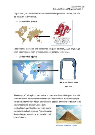 Escola EL CORB 5
                                              Entendre l’Univers i l’Origen de la Vida

l’agricultura, la ramaderia i la construcció de les primeres ciutats, que són
les bases de la civilització.

    Astronomia Xinesa




                                              Els xinesos es pensaven
                                                que, els eclipsis, els
                                              causava un drac que es
                                                   menjava el Sol.

L’astronomia xinesa és una de les més antigues del món, 2.000 anys aC ja
feien observacions molt precises, incloent eclipsis, cometes,...

      Astronomia egípcia




                                                      Nut era la deessa mare

                                                              dels cels.



5.000 anys aC, els egipcis van arribar a tenir un calendari de gran precisió.
Molts dels seus monuments mostren els coneixements astronòmics que
tenien: la piràmide de Keops té els quatre costats orientats cadascun cap a
un punt cardinal diferent, i dos dels
conductes de ventilació assenyalen punts
importants del cel, com ara l’estrella polar
d’aquella època o una de les estrelles del
cinturó d’Orió.


                                                 Piràmide de Keops. Egipte
 