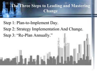 The Three Steps to Leading and Mastering
                     Change

Step 1: Plan-to-Implement Day.
Step 2: Strategy Impl...