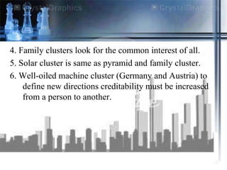 4. Family clusters look for the common interest of all.
5. Solar cluster is same as pyramid and family cluster.
6. Well-oi...