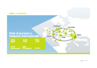 Enter > I nostri asset
Reti di accesso e
trasporto internazionale
La rete di trasporto (che ci collega a 5 POP internazionali
con un anello a 10 Gb) è il mezzo principale con cui
portiamo i nostri servizi in tutto il mondo, con latenza
minima per ottimizzare le comunicazionit e
assicurare servizi cloud realmente distribuiti.
23	
  
	
  
	
  
international
carriers
10
GBit
75
country
Amsterdam
Francoforte
Milano
Parigi
Londra
 