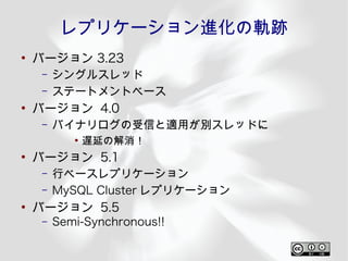 レプリケーション進化の軌跡
●
    バージョン 3.23
     –   シングルスレッド
     –   ステートメントベース
●
    バージョン 4.0
     –   バイナリログの受信と適用が別スレッドに
            ●
                遅延の解消！
●
    バージョン 5.1
     –   行ベースレプリケーション
     –   MySQL Cluster レプリケーション
●
    バージョン 5.5
     –   Semi-Synchronous!!
 