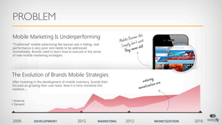 PROBLEM
Mobile Marketing Is Underperforming                                            an  ner Ad
                                                                                          s
                                                                      Mo bile B         ork
                                                                                d on’t w
“Traditional” mobile advertising like banner-ads is failing, real-
                                                                       S imply           id!
performance is very poor and needs to be addressed                                ever d
immediately. Brands need to learn how to execute in the sense             They n
of new mobile marketing strategies.




The Evolution of Brands Mobile Strategies
                                                                                                ng
After investing in the development of mobile inventory, brands then                      enteri       ra
                                                                                              a tion e
                                                                                        onetiz
focused on growing their user base. Now it is time monetize this
medium...                                                                              m




2009                                            2012                       2012                            2016
 