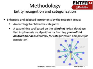 Methodology

Entity recognition and categorization
• Enhanced and adapted instruments by the research group:
• An ontology to obtain the categories.
• A text mining tool based on the Wordnet lexical database
that implements an algorithm for learning generalized
association rules (hierarchy for categorization and pairs for
association)

ENTER 2014 Research Track

Slide Number 17

 