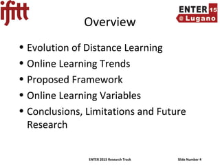 ENTER 2015 Research Track Slide Number 4
Overview
• Evolution of Distance Learning
• Online Learning Trends
• Proposed Framework
• Online Learning Variables
• Conclusions, Limitations and Future
Research
 